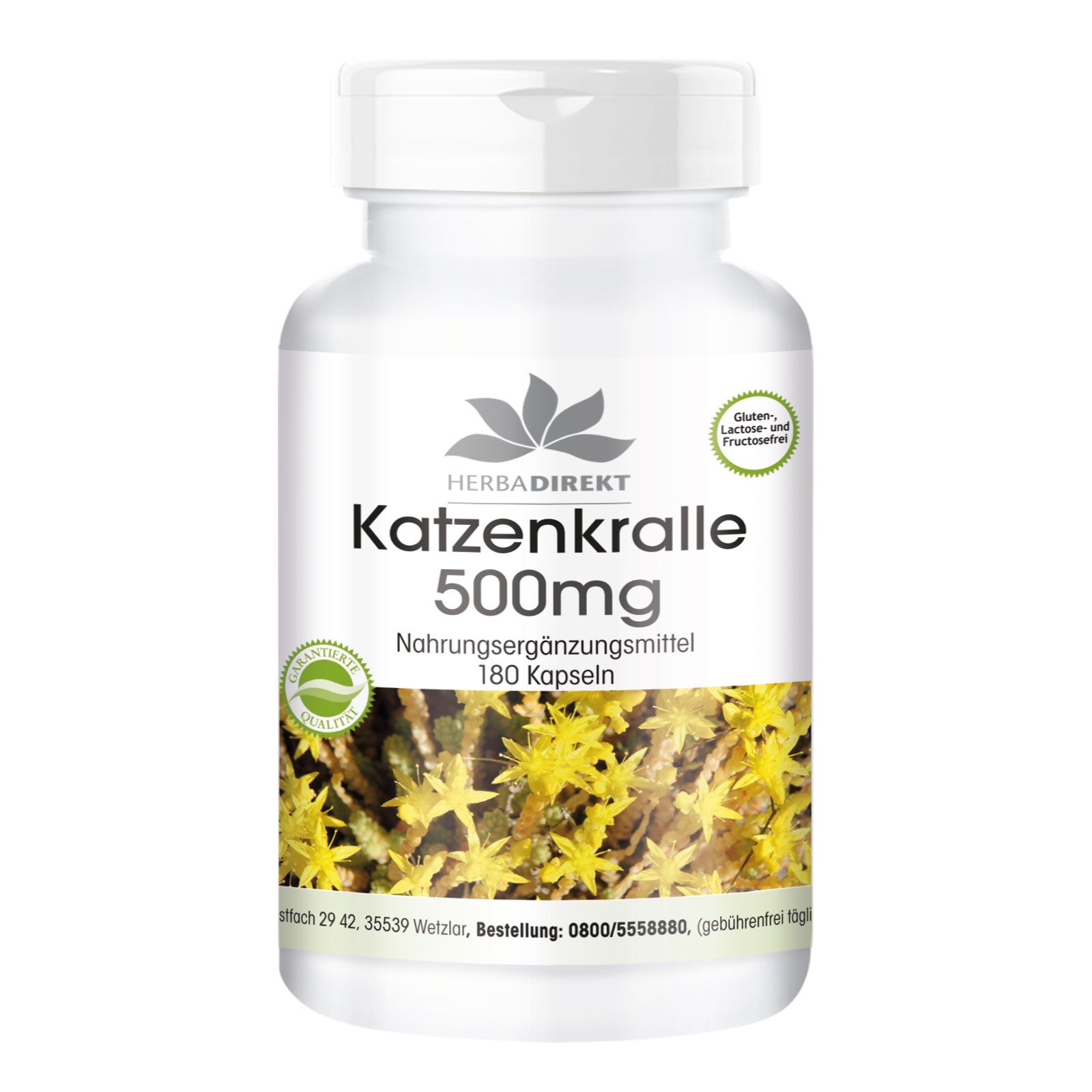 Weiße Kapsel-Dose mit Aufschrift 'Katzenkralle 500mg'. Grün-weißes Etikett mit floralem Muster. Gluten- und Laktosefrei.