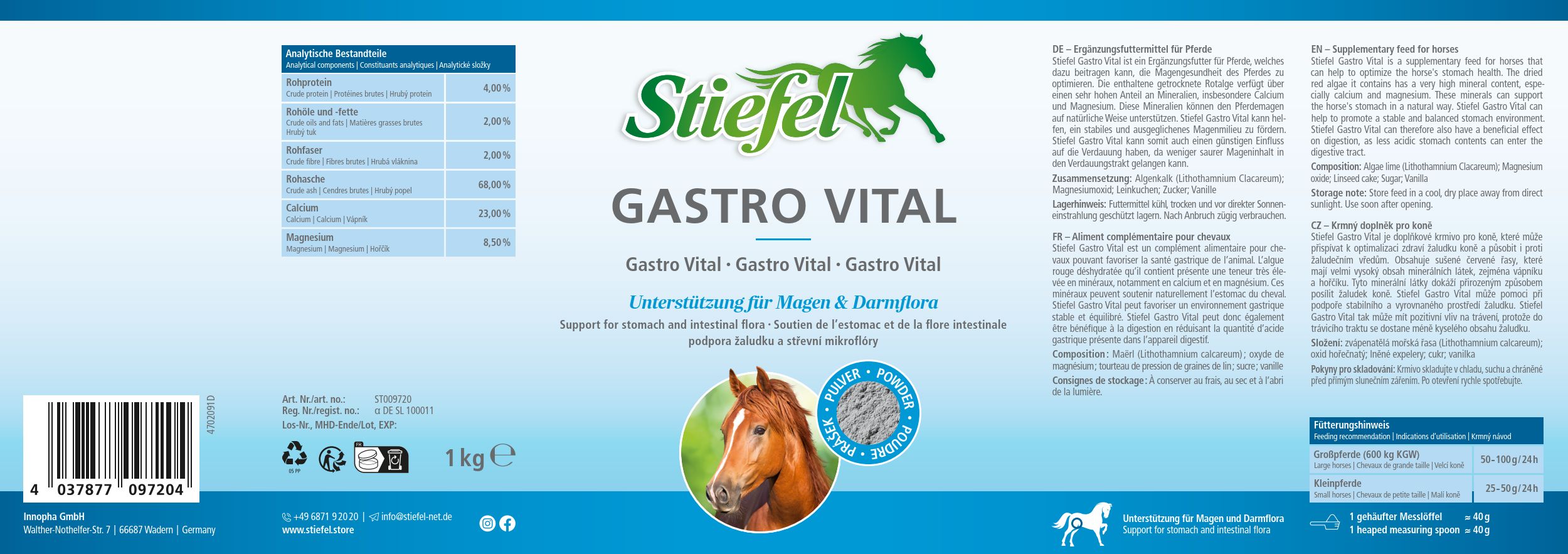 Blaues Etikett mit Text und Logo: Stiefel Gastro Vital. Enthält Informationen zu Inhaltsstoffen und Anwendung. Abbildung eines Pferdekopfes.