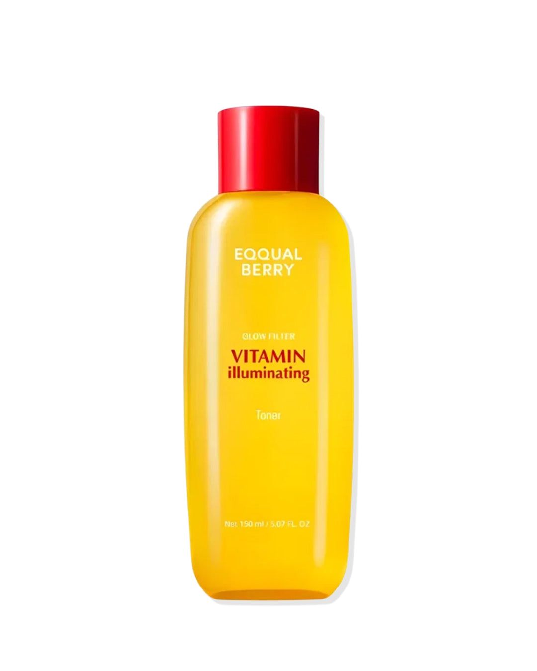 Gelbe Flasche mit rotem Verschluss, beschriftet mit 'EQQUAL BERRY GLOW FILTER VITAMIN illuminating lotion'.