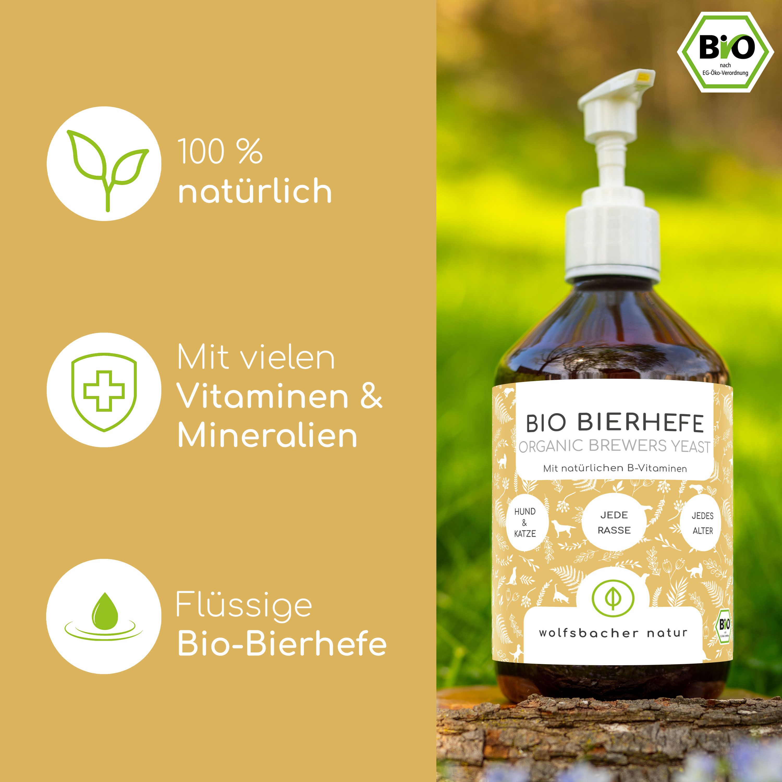 Braune Flasche mit Pumpe. Aufschrift: BIO Bierhefe. Mit Vitaminen & Mineralien. Flüssige Bio-Bierhefe. Bio-Siegel. 100% natürlich.