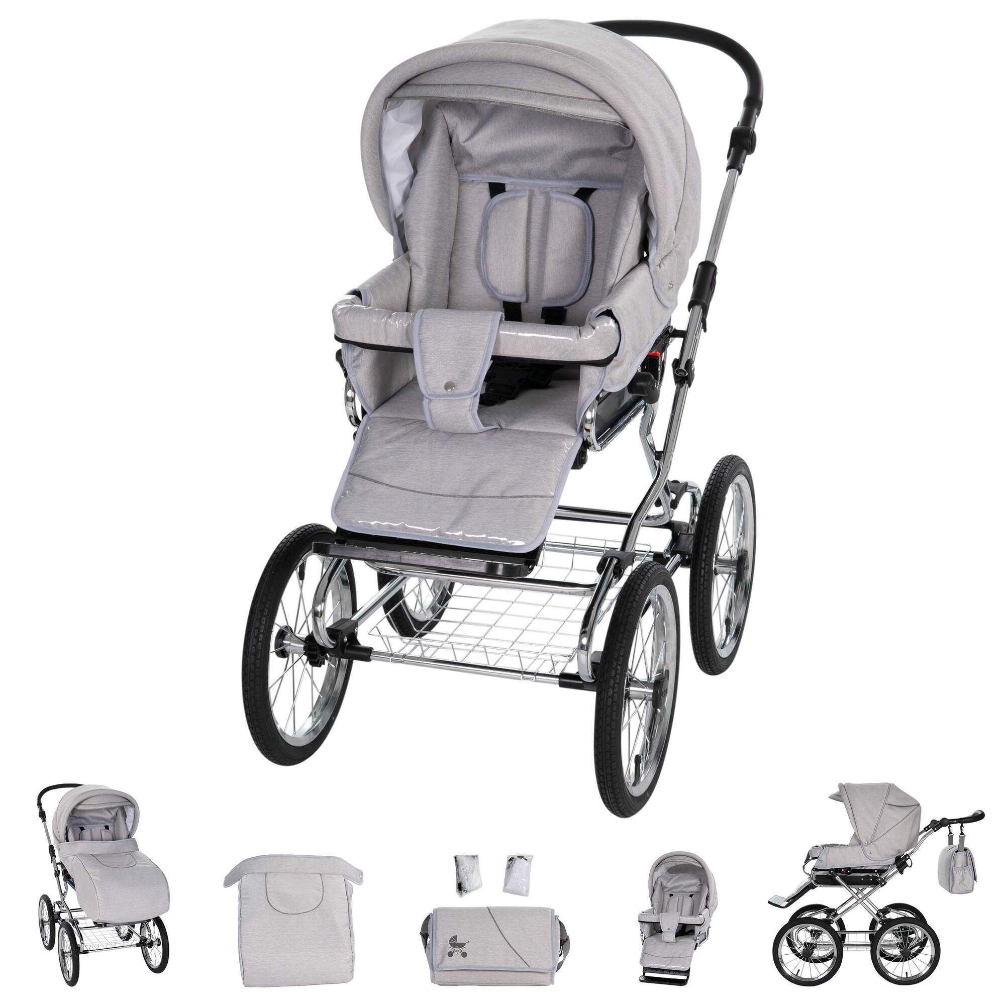 Friedrich Hugo München 4 in 1 Kinderwagen ISOFIX Set, Silbergrau Chrom Schwarz