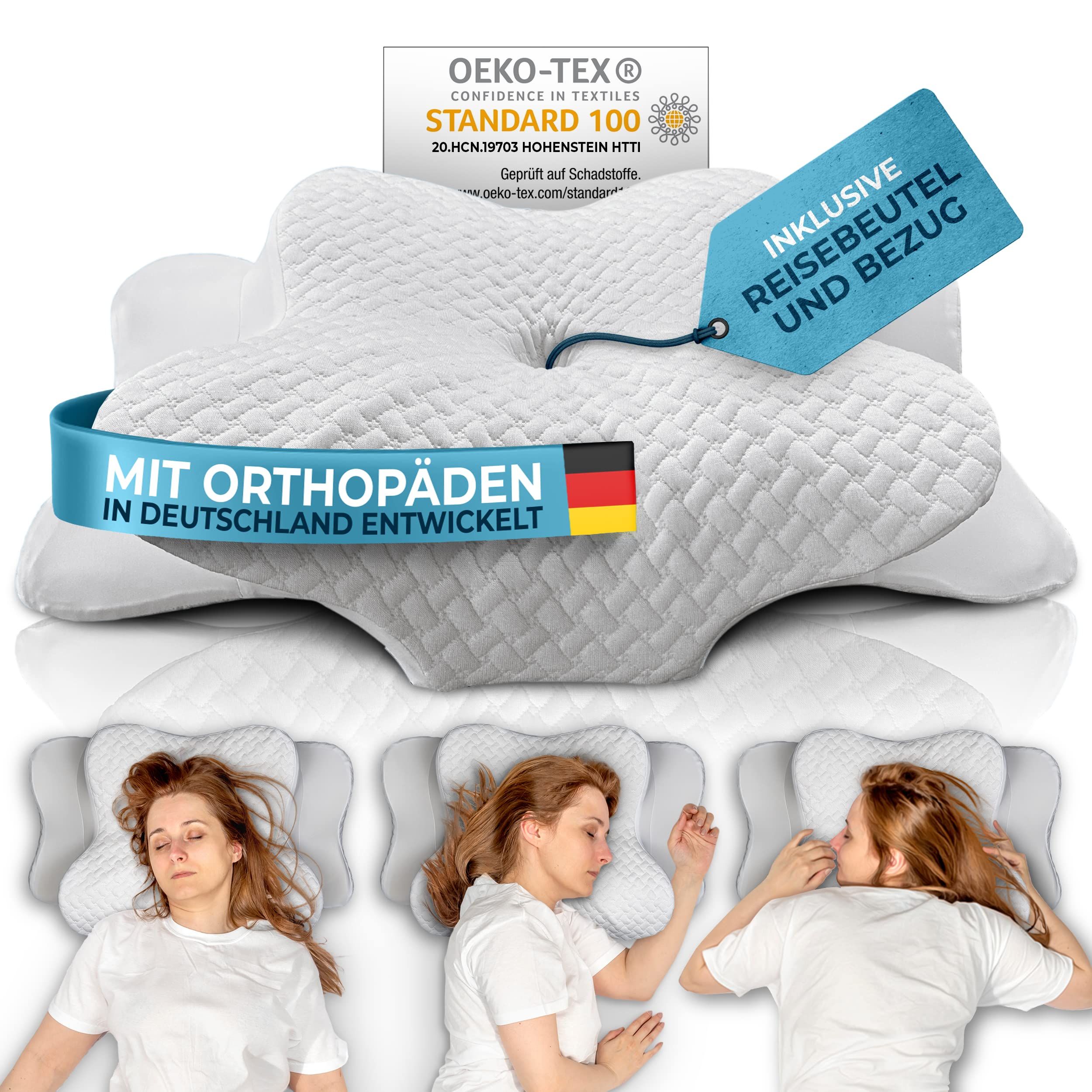 Orthopädisches Kissen mit Oeko-Tex-Zertifizierung. Inklusive Reisebeutel und Bezug. Entwickelt in Deutschland.