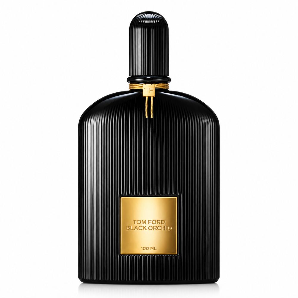 Schwarze Tom Ford Black Orchid Eau de Parfum Flasche mit goldener Plakette.