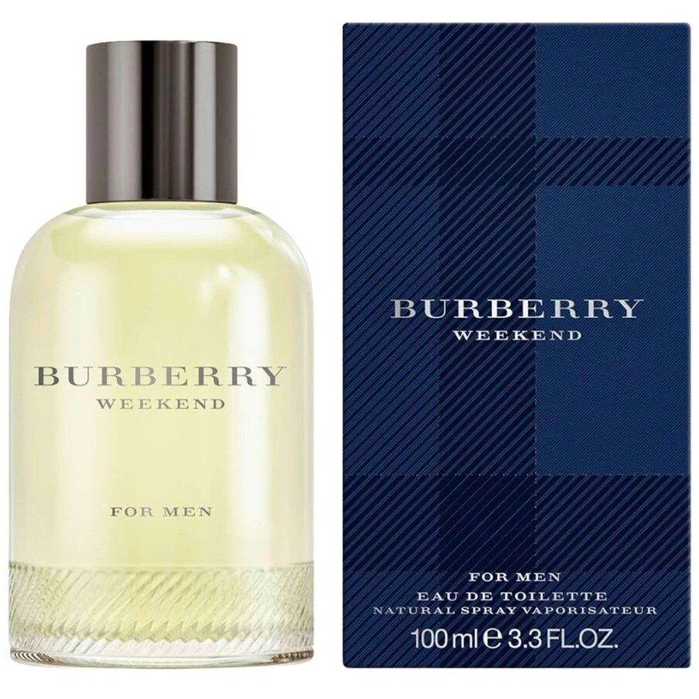 Burberry Weekend Eau de Toilette für Herren. Flakon und Verpackung. Flakon mit silbernem Deckel, rechteckige Verpackung mit Logo.