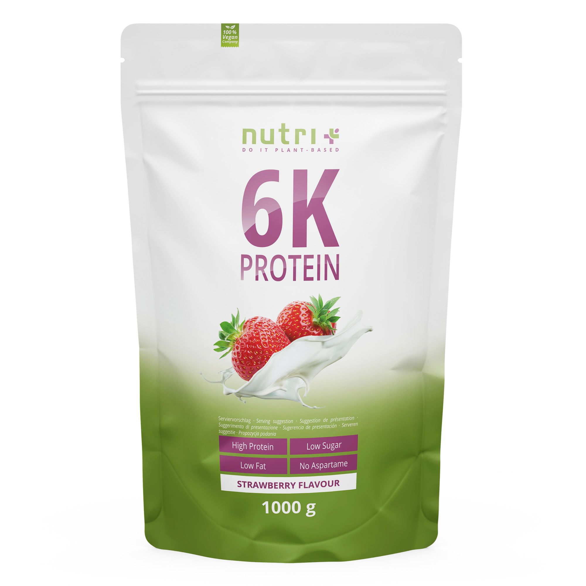 Eiwitpoederzak met aardbeien en melkspetter. Tekst: 6K Protein, aardbeiensmaak, 1000g.
