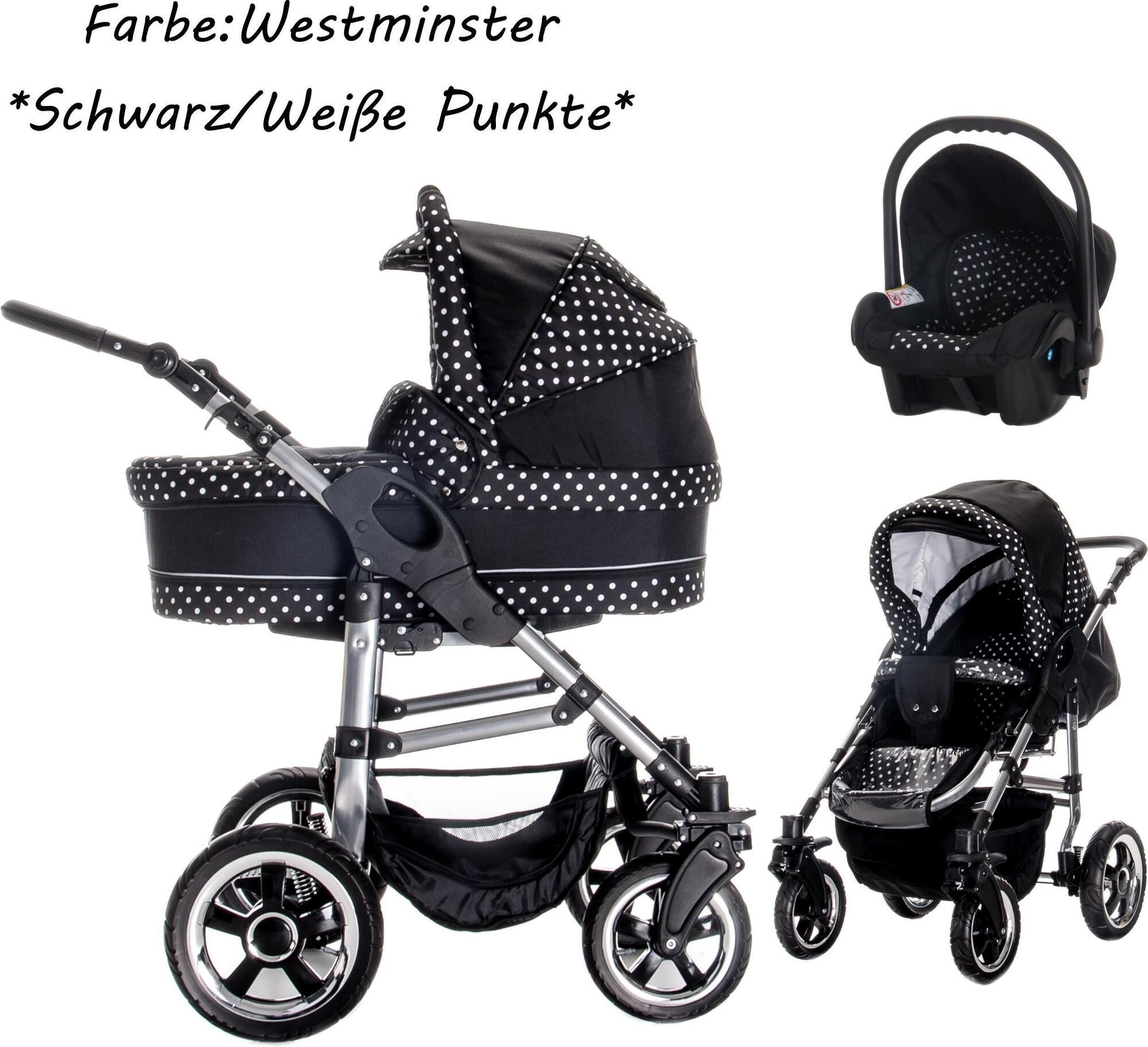 Kinderwagen-Set in Schwarz mit weißen Punkten. Enthält Babywanne, Sportsitz und Babyschale. Text: Farbe: Westminster.