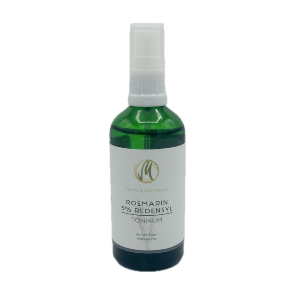 Grüne Glasflasche mit weißem Sprühkopf. Etikett mit Produktnamen und Logo. Text: Rosmarin 5% Redensyl Tonikum.