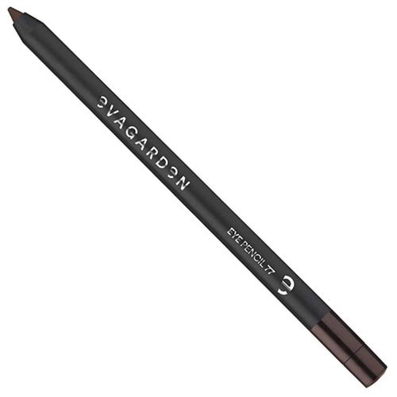 Dunkelbrauner Augenstift. Aufschrift: EVAGARDEN, EYE PENCIL 77. Spitze und Ende des Stifts sind dunkelbraun.