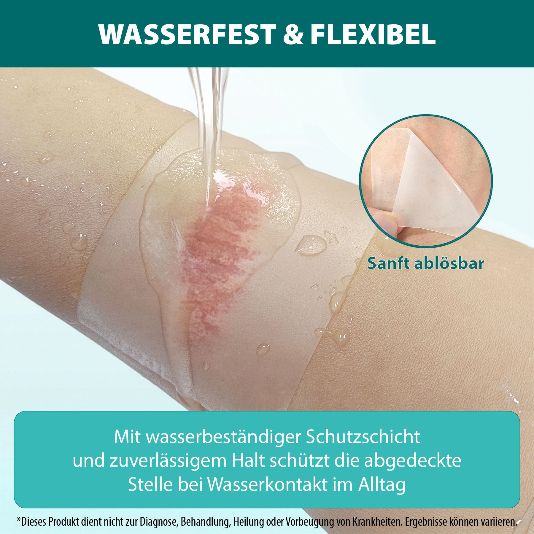 Hydrokolloid Pflaster auf Arm. Wasserfest und flexibel. Wasser fließt über Pflaster. Sanft ablösbar.