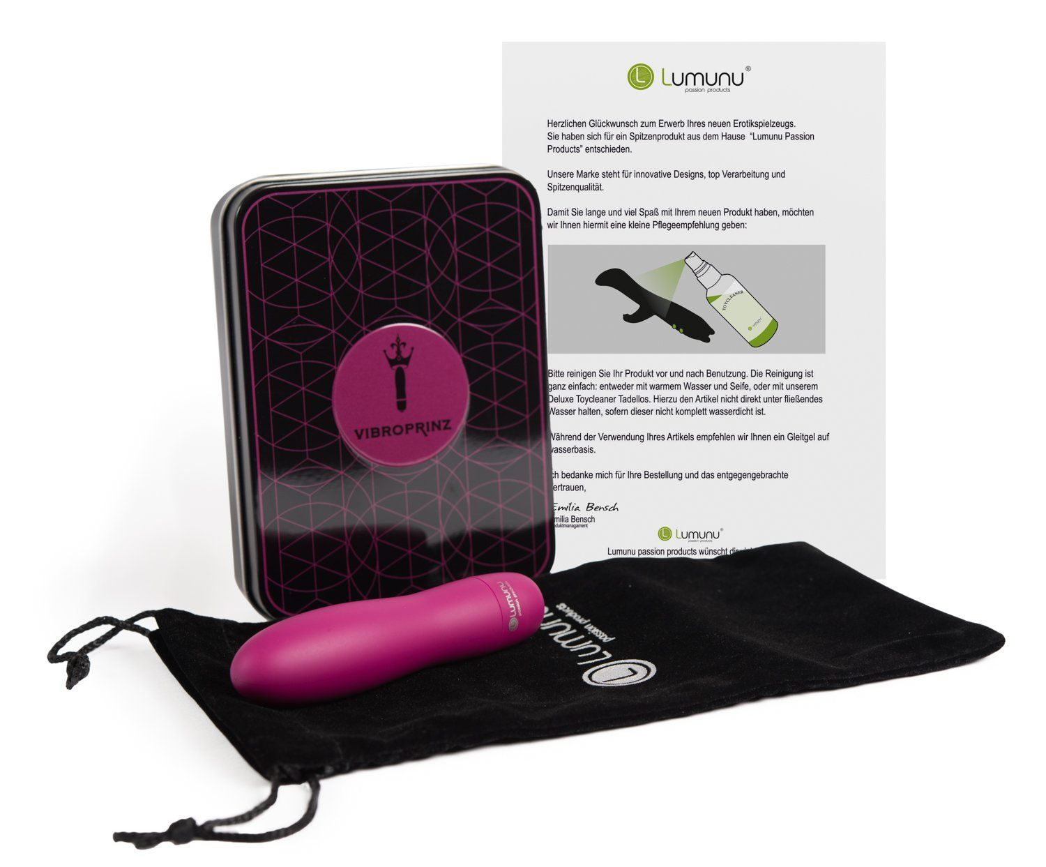 Pinkfarbener Minivibrator, schwarze Tasche, Metallbox mit Logo "Vibroprinz", Broschüre. Produktname "Lumunu".