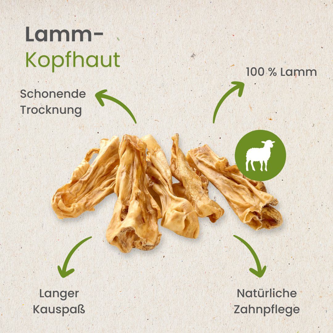 Getrocknete Lamm-Kopfhaut-Streifen, 100% Lamm, mit Hund.