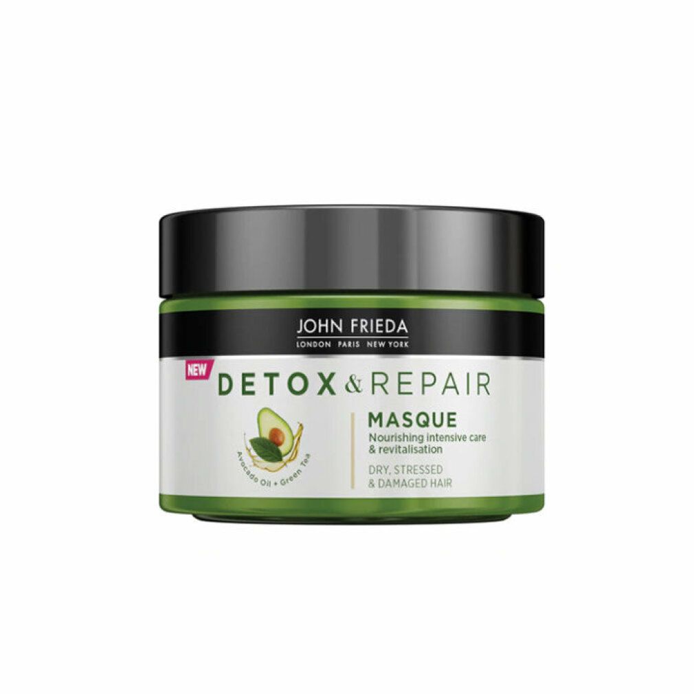 Runde Dose John Frieda Detox & Repair Masque. Grün-schwarzer Deckel, weißes Etikett mit Avocado-Illustration und Text.