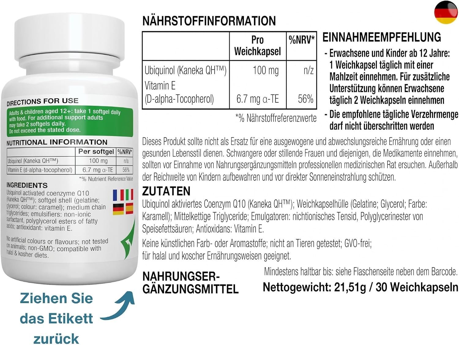 Igennus Ubiquinol-QH Flasche mit Liste der Inhaltsstoffe und GMP-Herstellung.