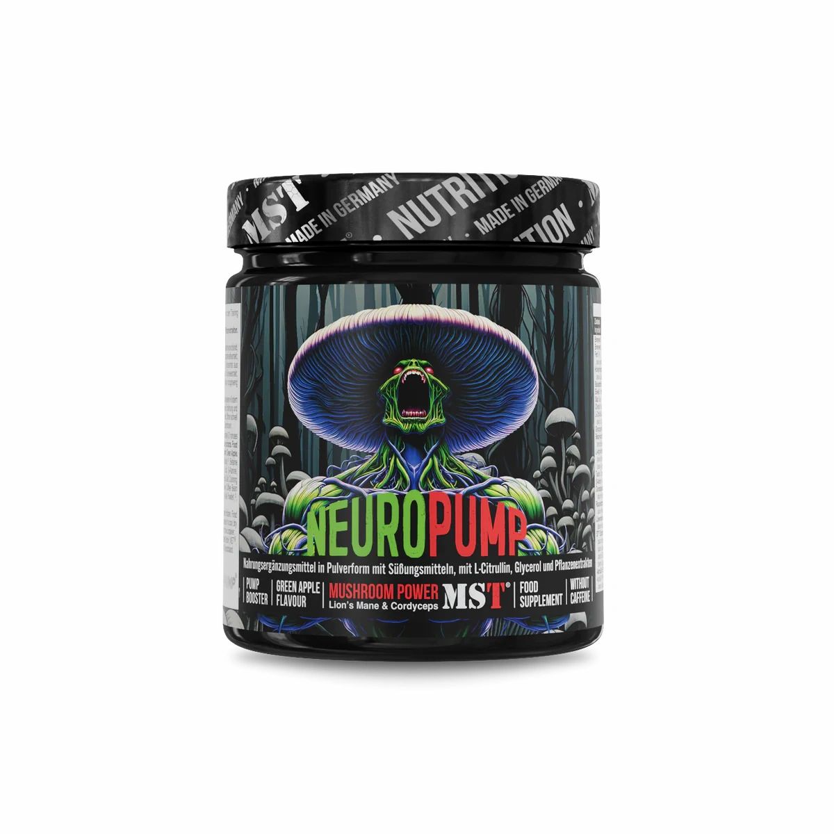 Dose mit "NeuroPump"-Aufdruck. Enthält Pulver. Deckel mit "MST Nutrition" Schriftzug. Motiv: Monster mit Pilz.