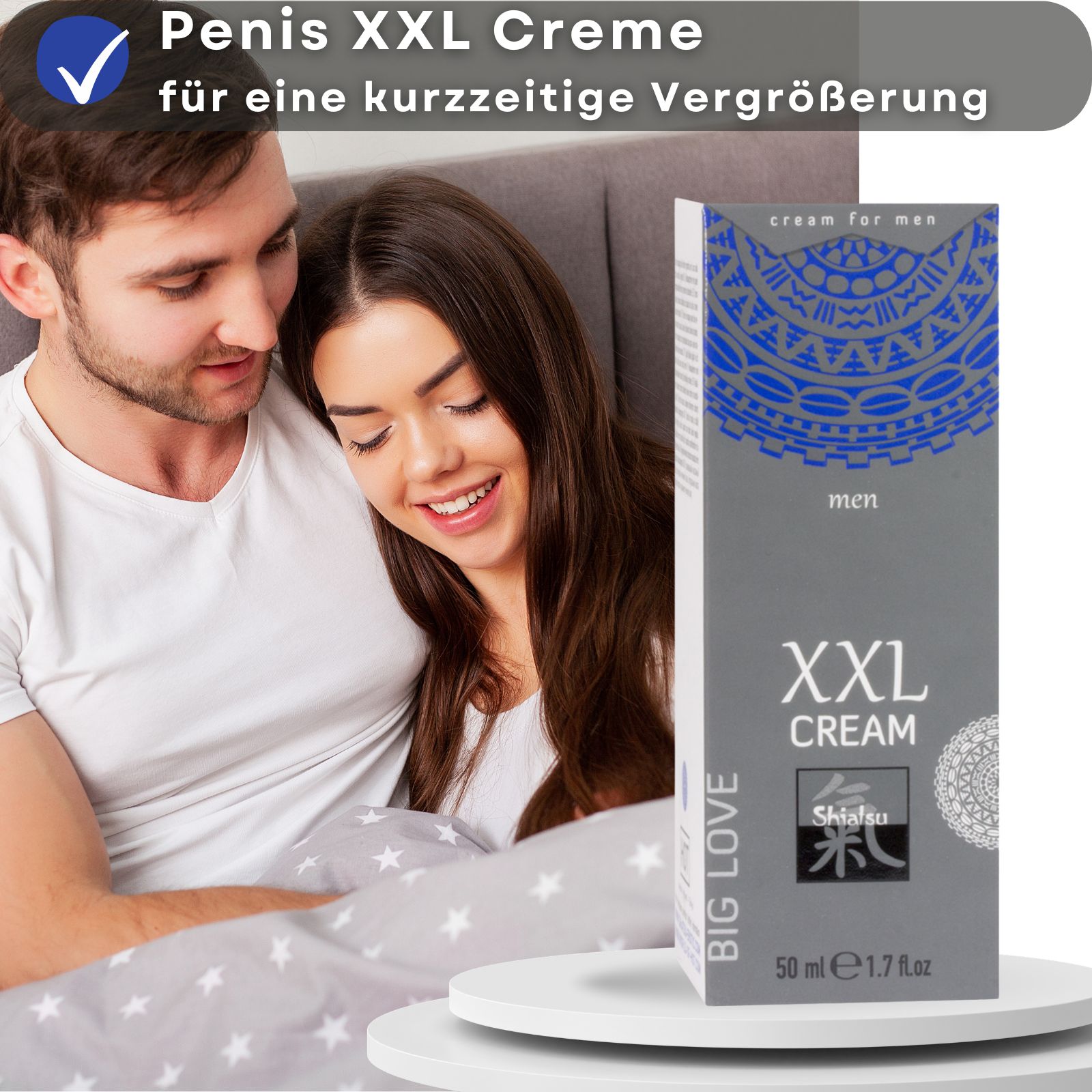 Schachtel XXL Cream, men. Rückseite mit Text. Hintergrund: Paar im Bett.