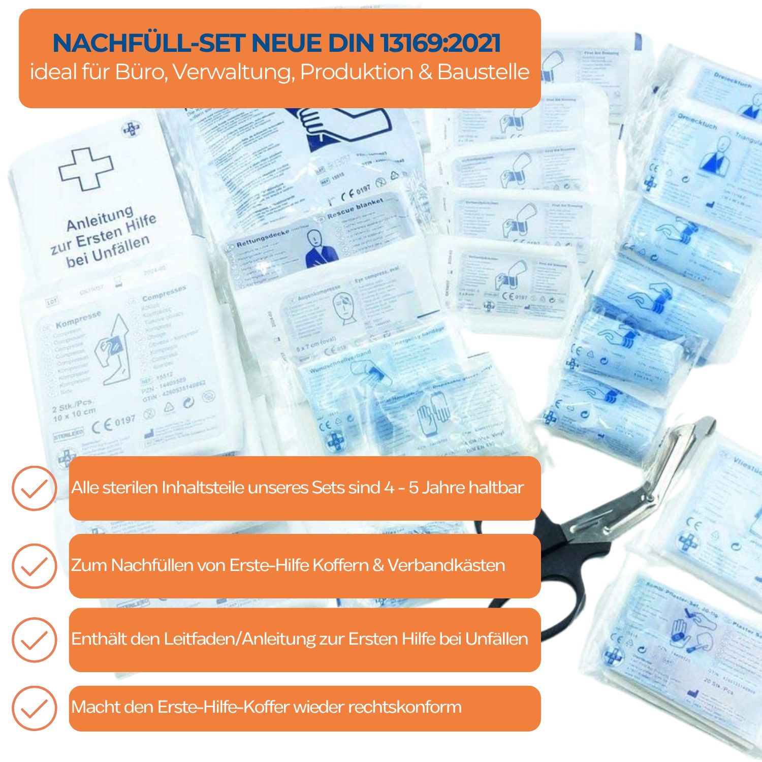 Nachfüll-Set DIN 13169:2021. Inhalt: Sterile Teile, 4-5 Jahre haltbar, Nachfüllen von Kästen, Anleitung zur Ersten Hilfe. Schere.