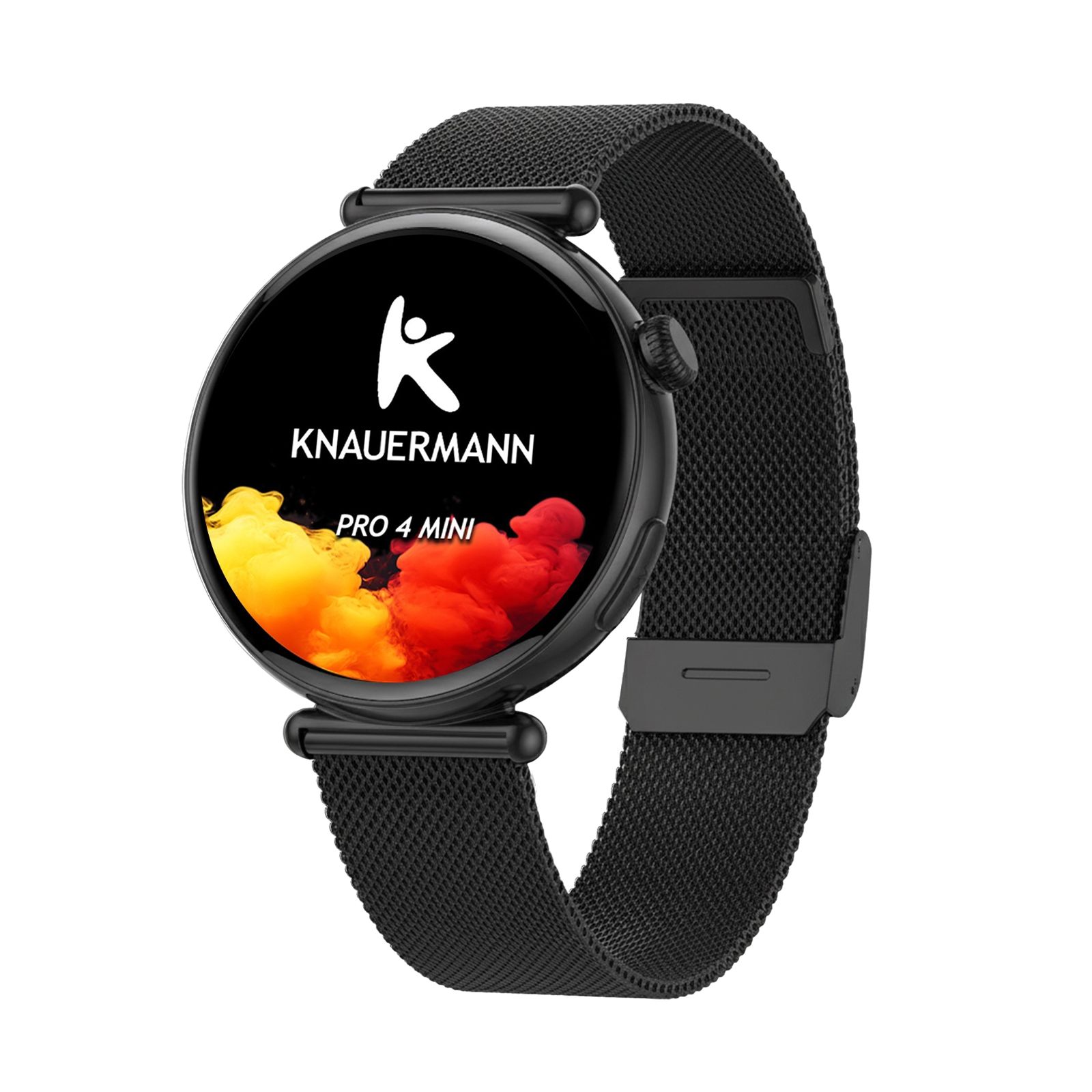 Schwarze Smartwatch, diagonale Ansicht. Rundes Zifferblatt mit Logo und Schriftzug KNAUERMANN PRO 4 MINI. Schwarzes Metallarmband.