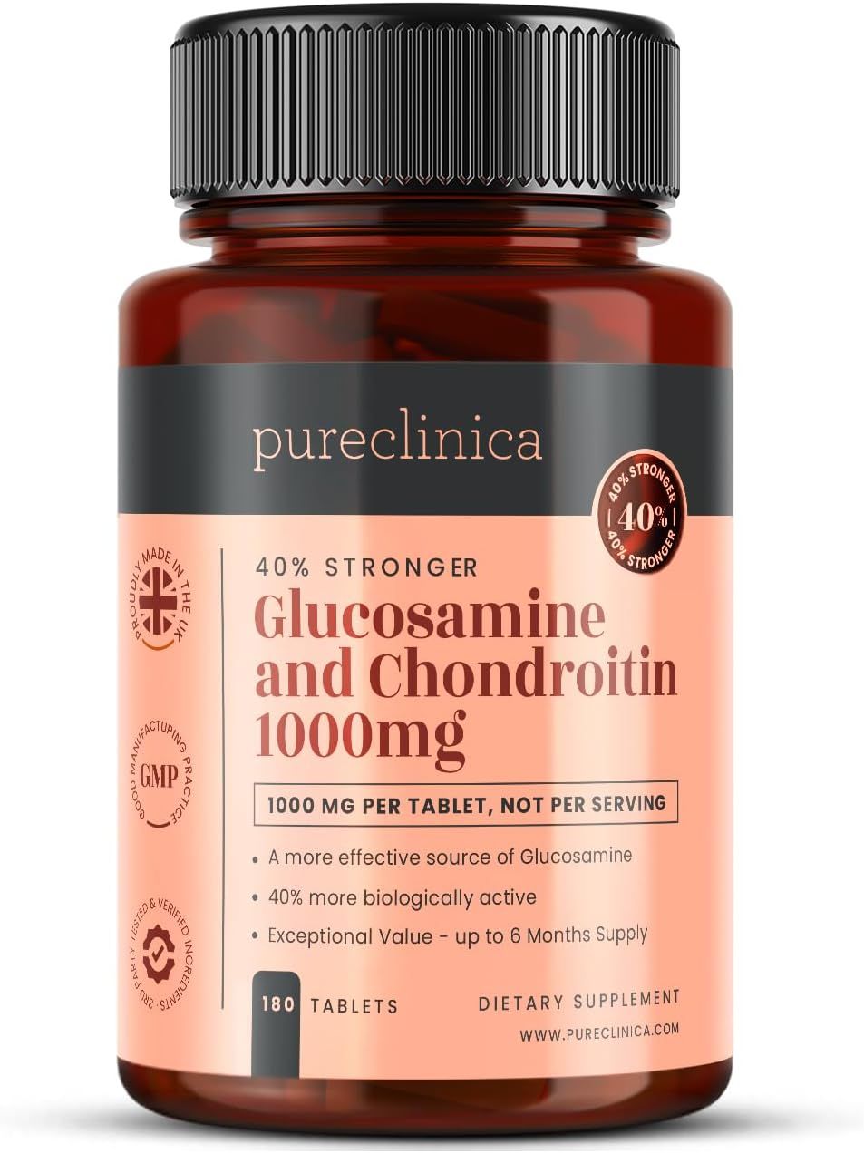 Braune Tablettenflasche. Aufschrift: Glucosamin und Chondroitin 1000mg. 180 Tabletten. Zusätzlicher Text.