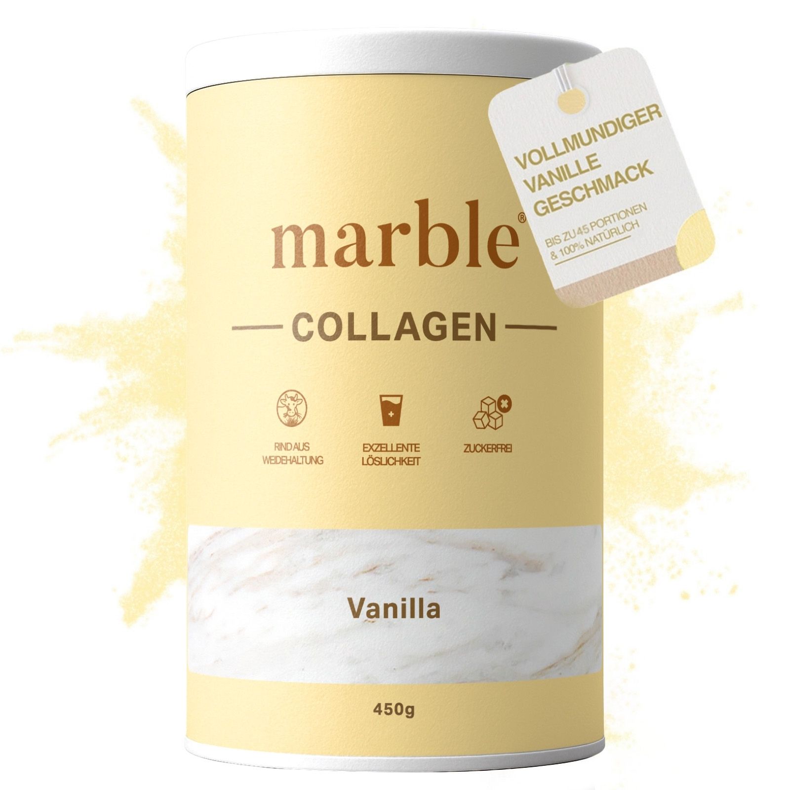 Beige Dose mit "marble" und "COLLAGEN" Schriftzug. Aufschrift "Vanilla" und "450g". Anhänger mit Text "VOLLMUNDIGER VANILLE GESCHMACK".