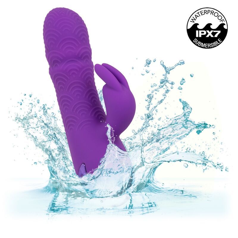Lila Vibrator mit Hasenohren. Wasserspritzer. IPX7-Zertifizierung.
