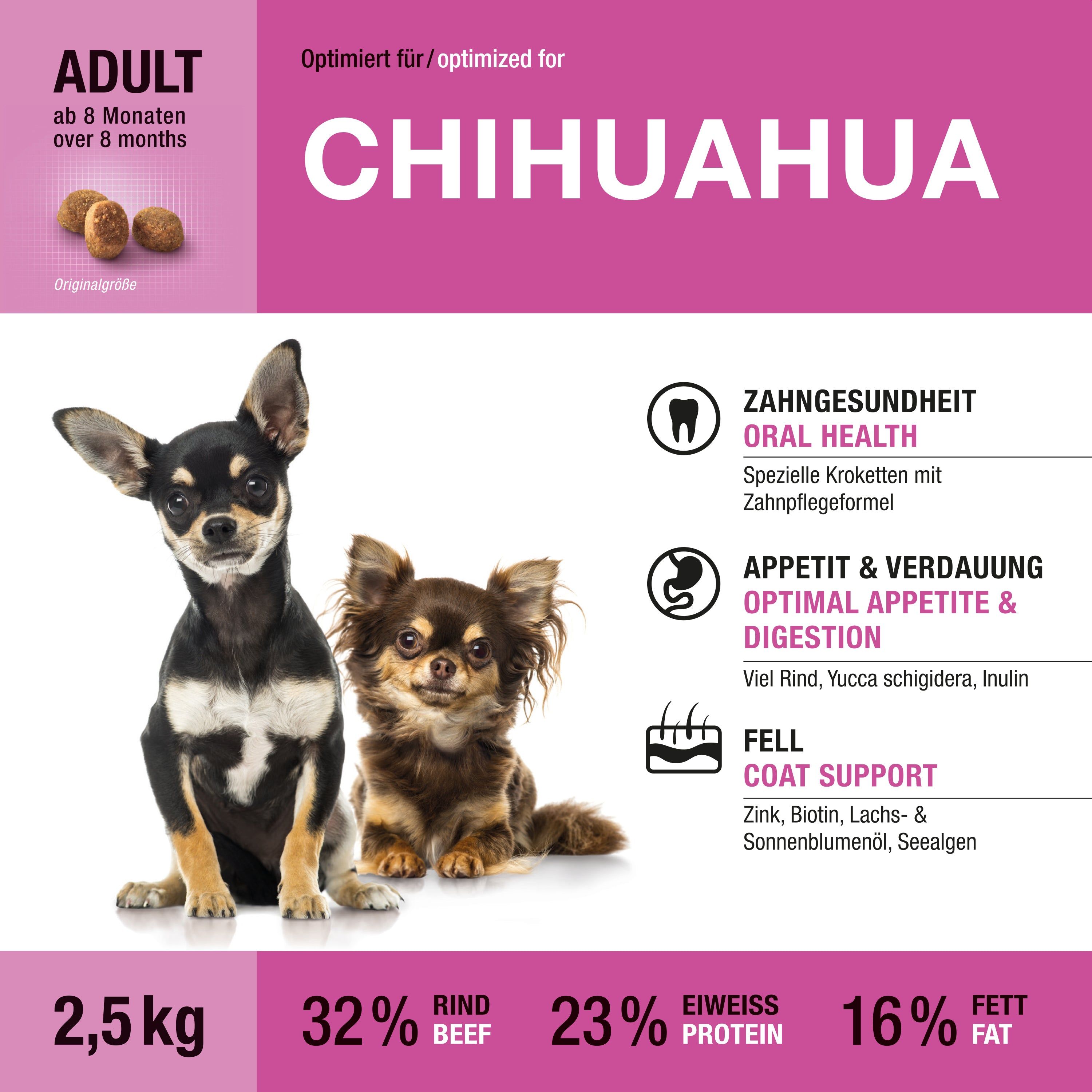 Wildsterne Breed Selection Chihuahua Trockenfutter: zwei Chihuahuas, Produktvorteile und Nährwertangaben.