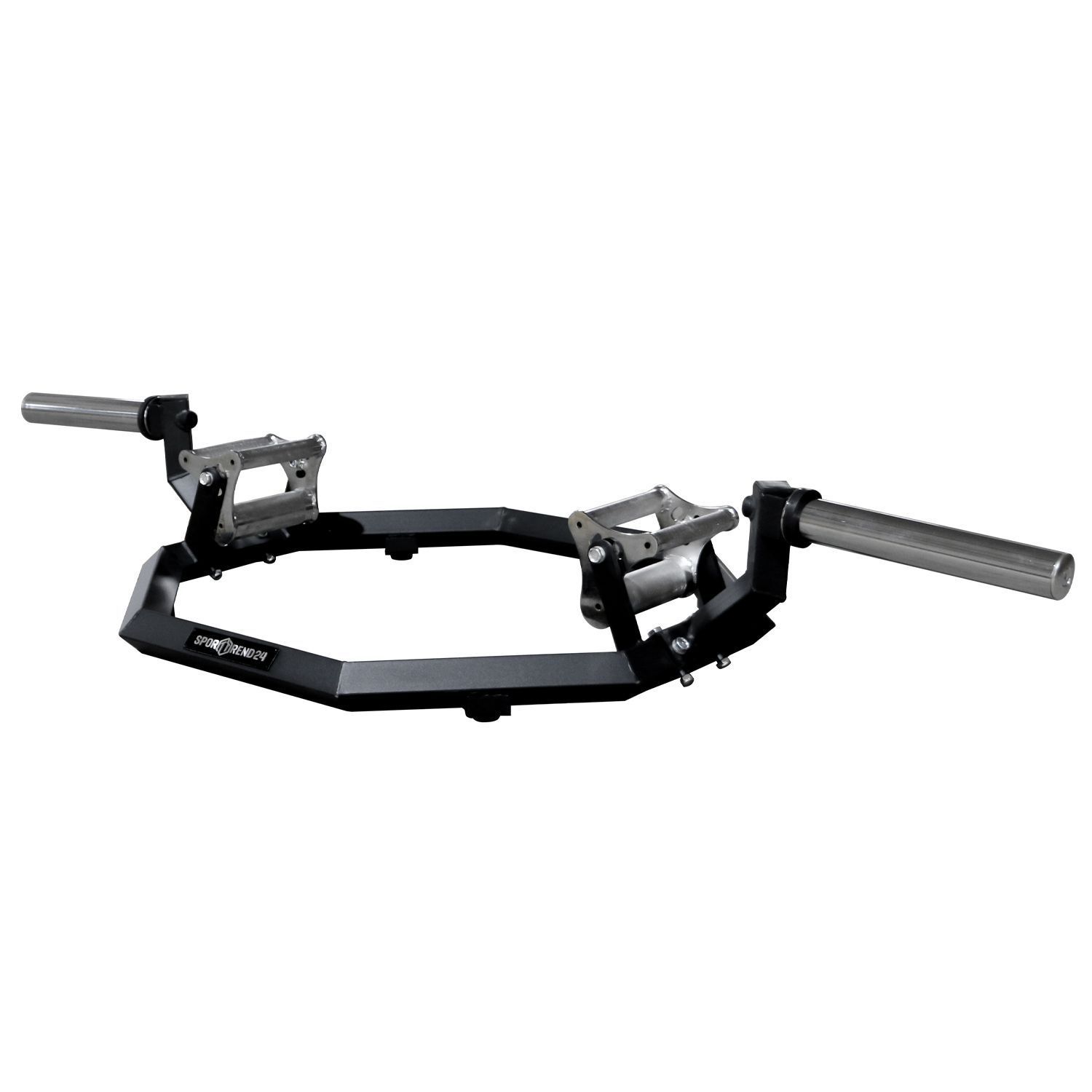 Schwarze Trap Bar mit silbernen Griffen. Achteckiger Rahmen mit Halterungen für Gewichte. Auf weißem Hintergrund.