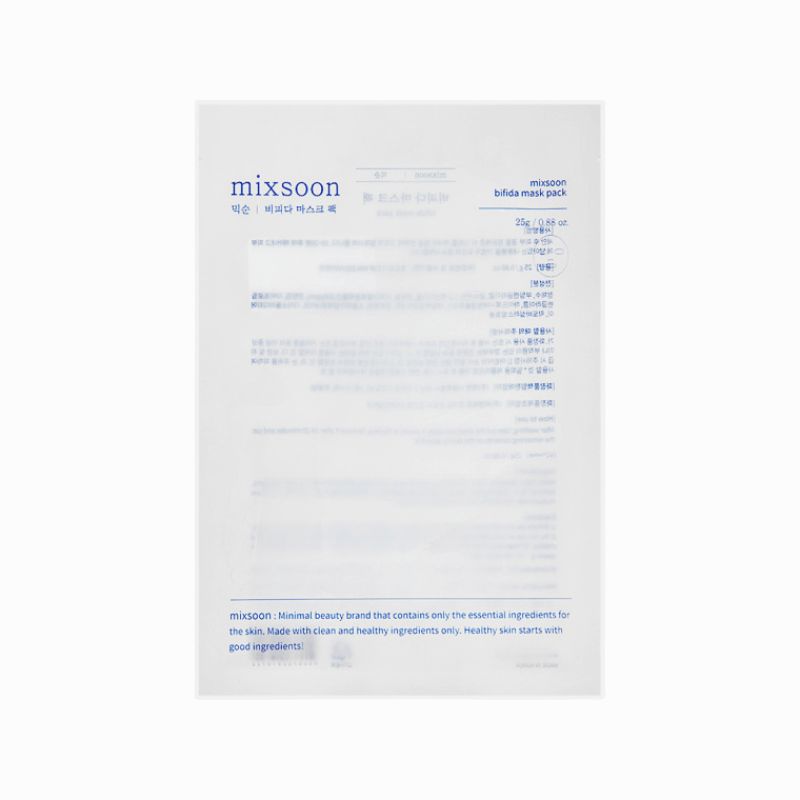 Transparente Verpackung mit Produktinformationen. Aufdruck: mixsoon, Bifida Mask Pack. Text in mehreren Sprachen.