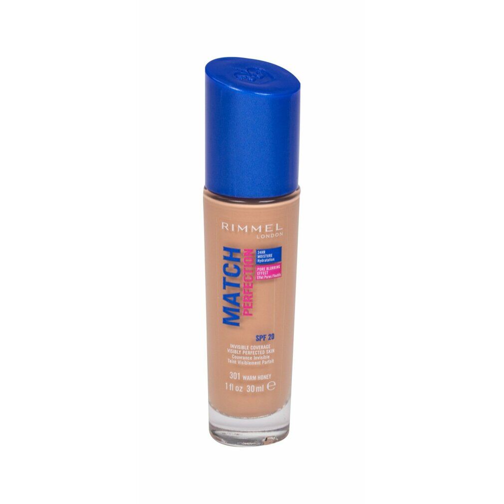 Flüssig-Make-up-Flasche mit blauem Deckel. Aufschrift: Rimmel, Match Perfection, SPF 25, 301 Warm Honey. 30 ml.