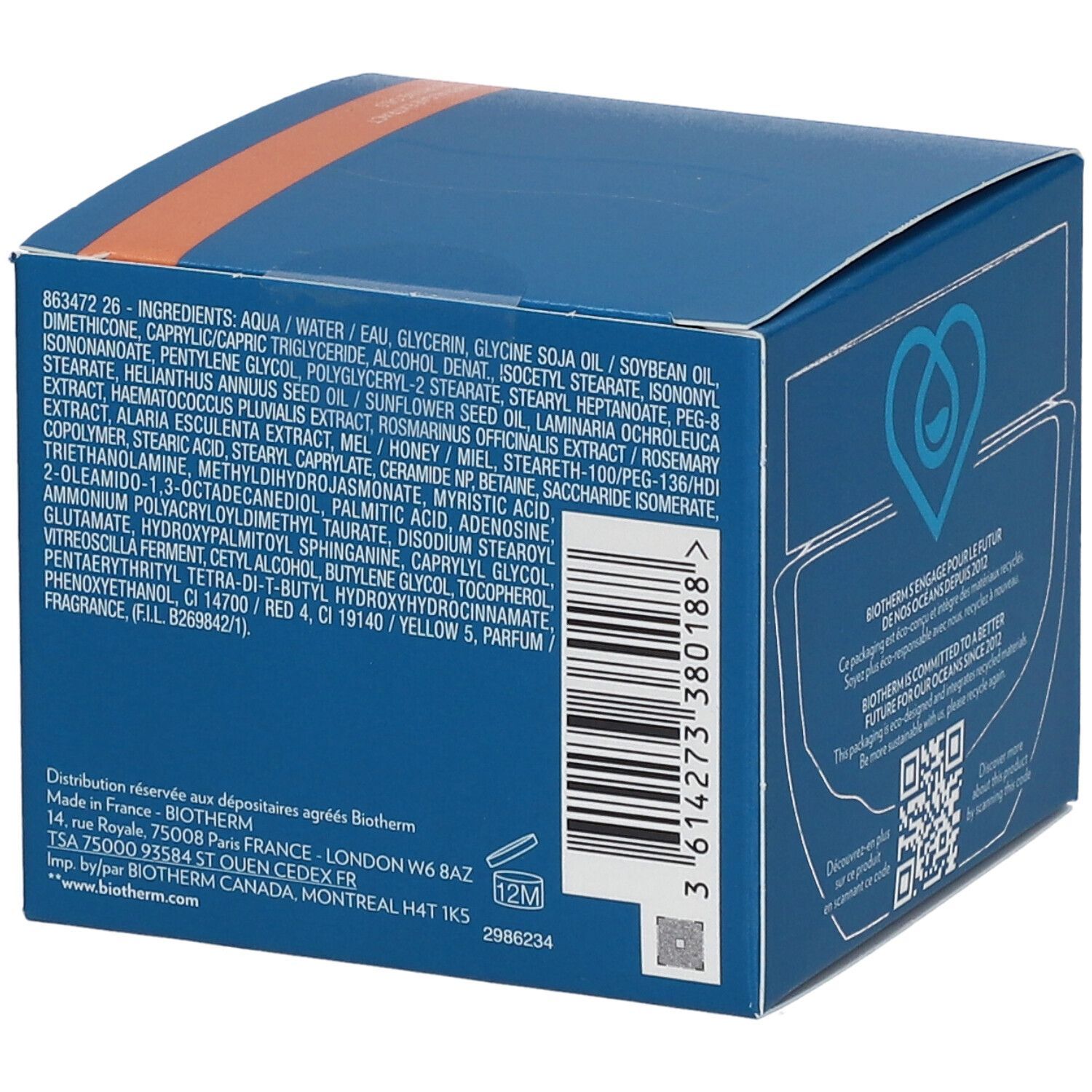 Rückseite des blauen Kartons mit Inhaltsstoffen und QR-Code. BIOTHERM, 12M-Symbol, 50 ml.