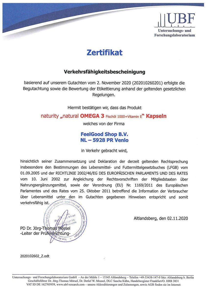 Zertifikat der UBF, mit Text über die Verkehrsfähigkeit von "naturity natural OMEGA 3 Fischöl 1000 + Vitamin E" Kapseln. Unterschrift von PD Dr. Jörg-Thomas Müssel.