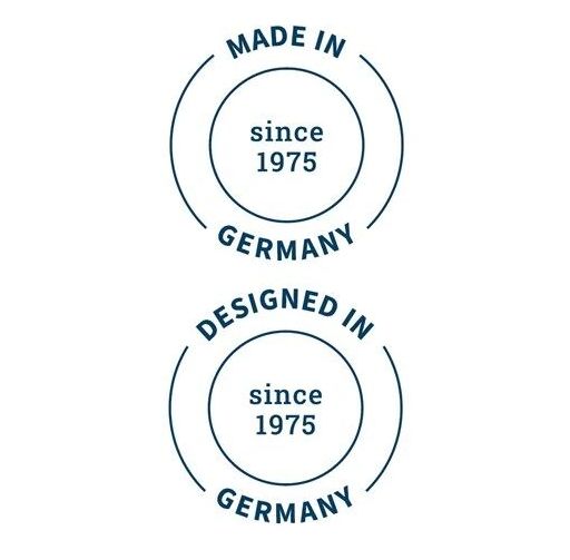 Zwei runde Siegel mit Text: 'MADE IN GERMANY since 1975' und 'DESIGNED IN GERMANY since 1975'.