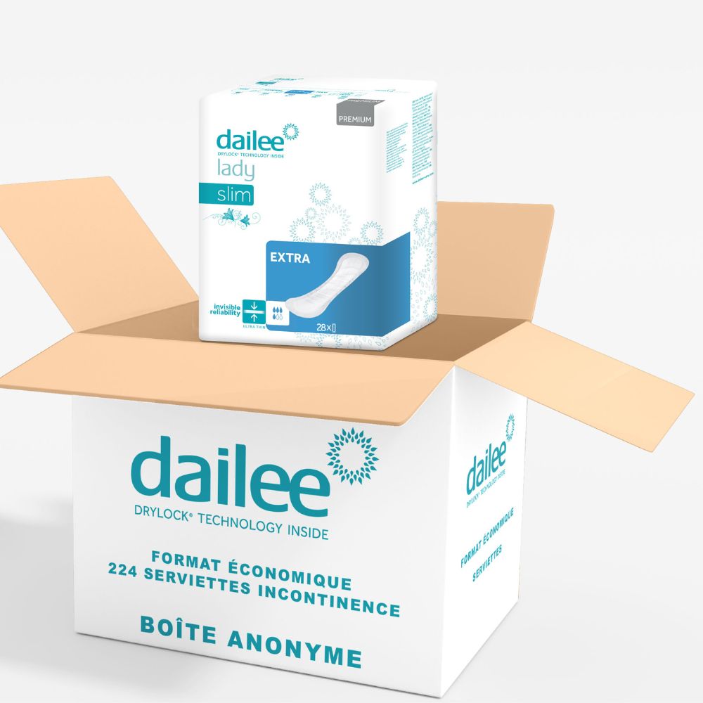 Dailee Lady Slim Extra dans emballage carton. Carton avec paquet de produit. Inscription: FORMAT ÉCONOMIQUE.