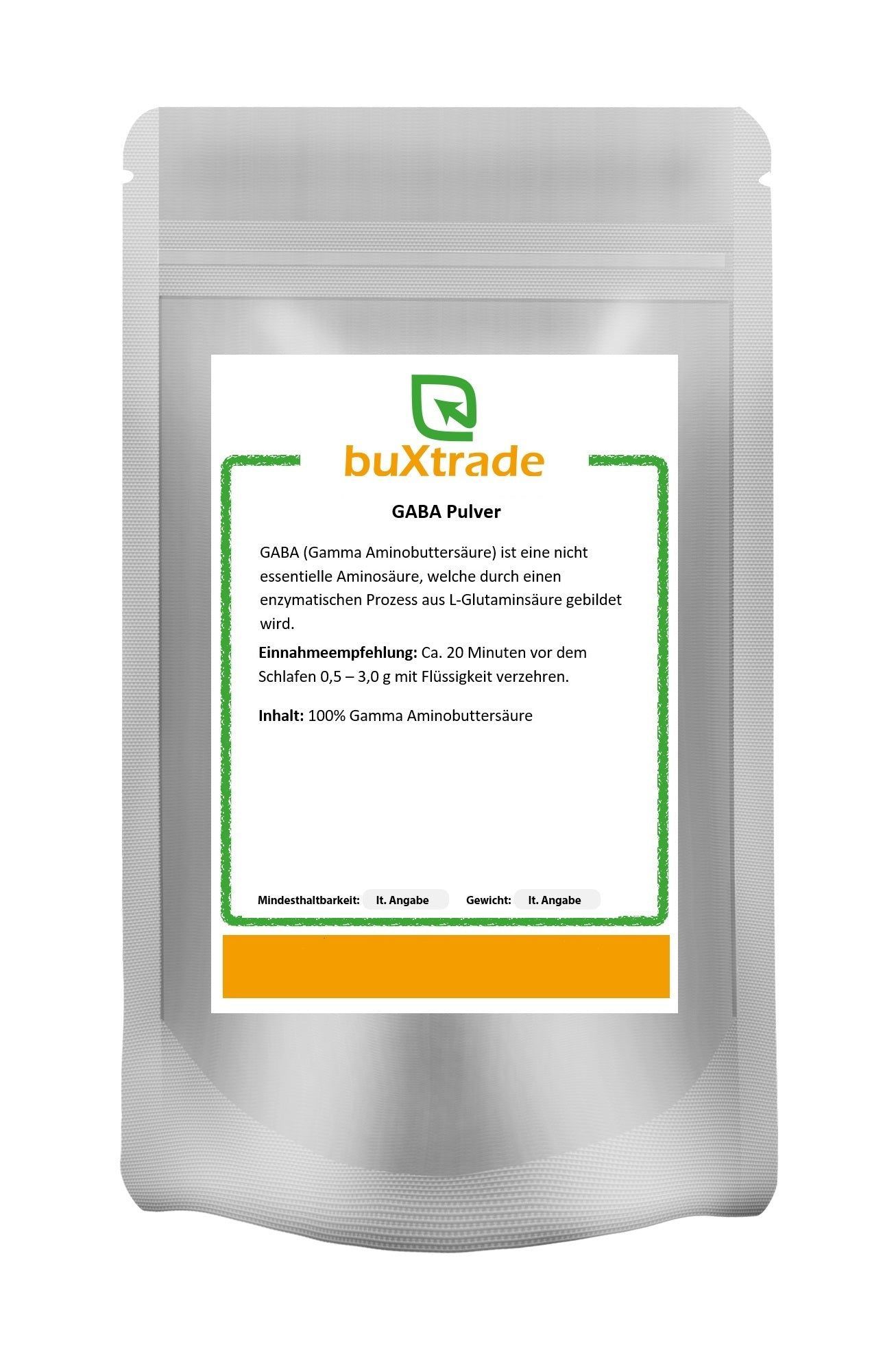 Beutel mit buXtrade GABA Pulver. Aufdruck mit Produktinformationen und Logo. Weißer Beutel mit grünem Rahmen und orangefarbenem Streifen.
