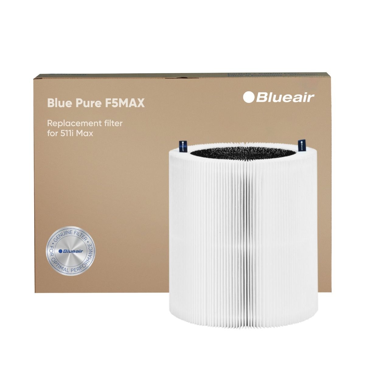 Ersatzfilter für Blueair Pure 511i Max. Zylindrischer Filter mit weißem, gefaltetem Material. Verpackung mit Logo und Produktbezeichnung.