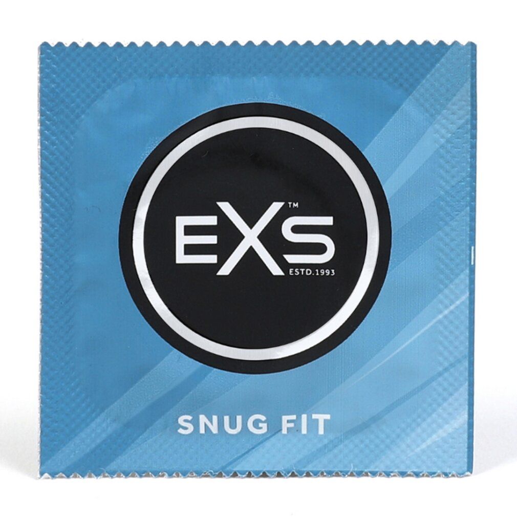 Einzelverpackung eines EXS Snug Fit Kondoms. Blaues Design mit Logo und Produktbezeichnung.