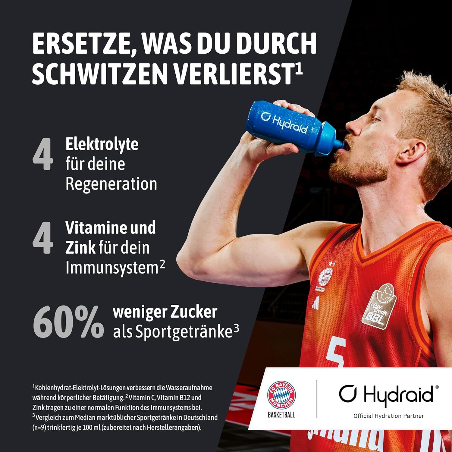 Mann trinkt aus blauer Hydraid-Flasche. Text: 4 Elektrolyte, 4 Vitamine und Zink, 60% weniger Zucker. Hydraid-Logo, Basketball-Logo.