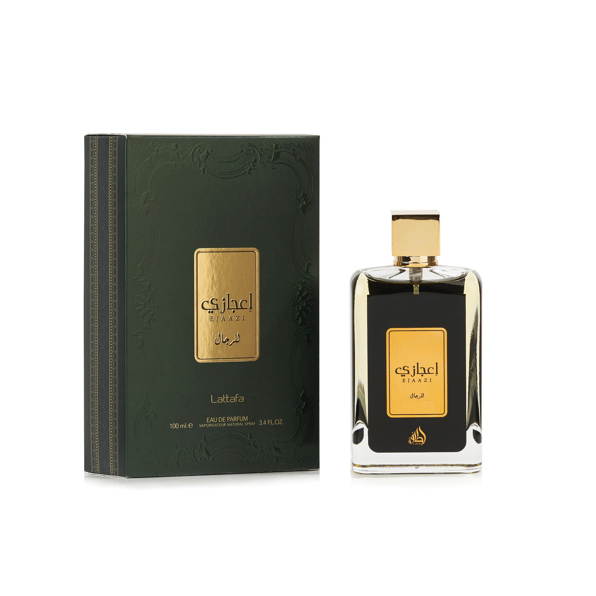 Ejaazi Eau de Parfum Flakon und Verpackung. Rechteckiger Flakon mit goldfarbenem Verschluss. Grüne Verpackung mit goldenem Etikett.