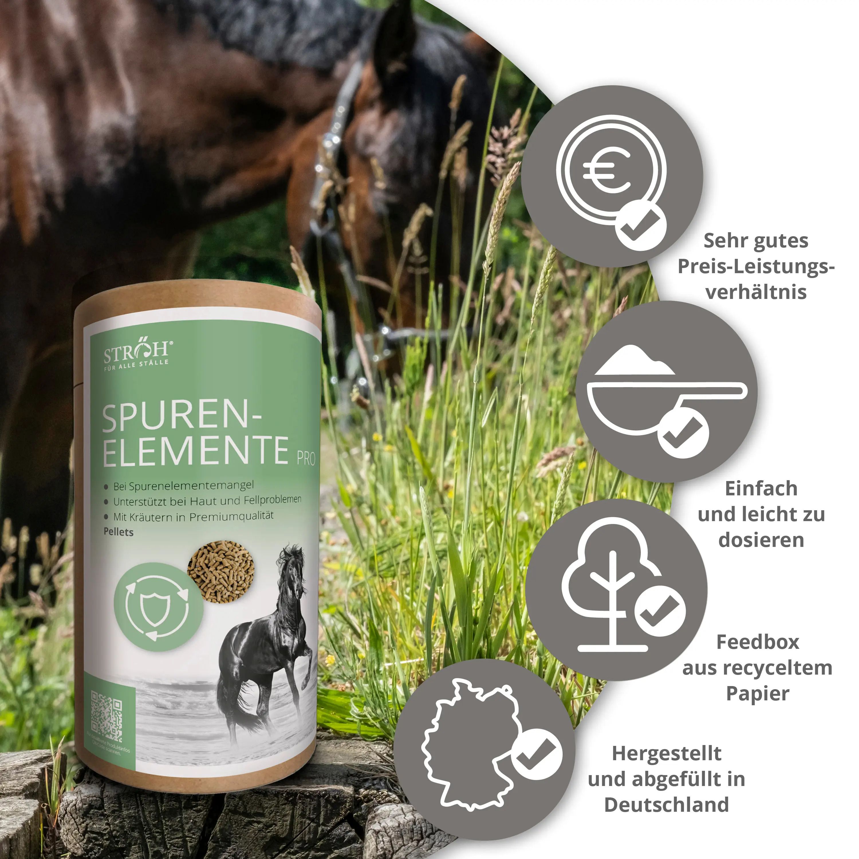 Dose STRÖH Spurenelemente Pro Pellets vor Gras. Illustrationen und Text. Text: Feedbox aus recyceltem Papier. Hergestellt in Deutschland.
