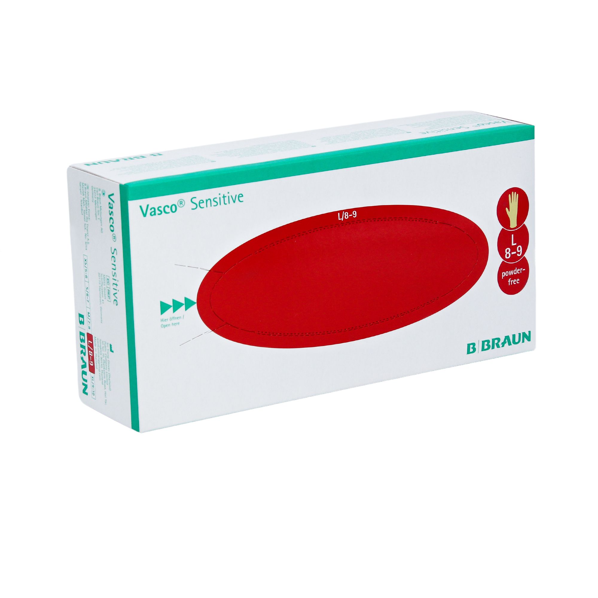 Weiße Verpackung mit roter ovaler Form. Aufschrift Vasco Sensitive, L/8-9, powder-free und B. Braun Logo.