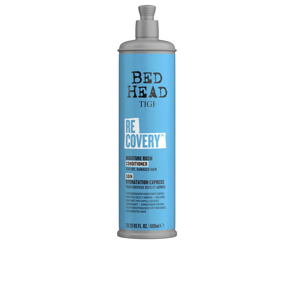 Blau-graue Flasche mit Pumpe. Bed Head Tigi Recovery Conditioner. Text: Moisture Rush, für trockenes, geschädigtes Haar. 600ml.