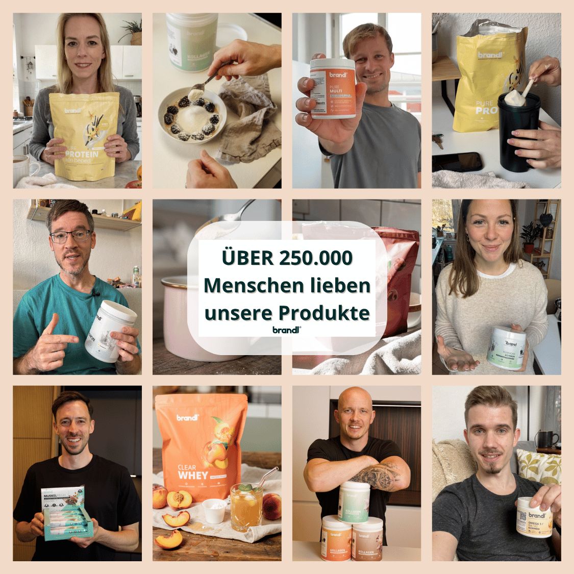 Kollage von Menschen mit Proteinprodukten. Verschiedene Personen halten oder verwenden Proteinprodukte.