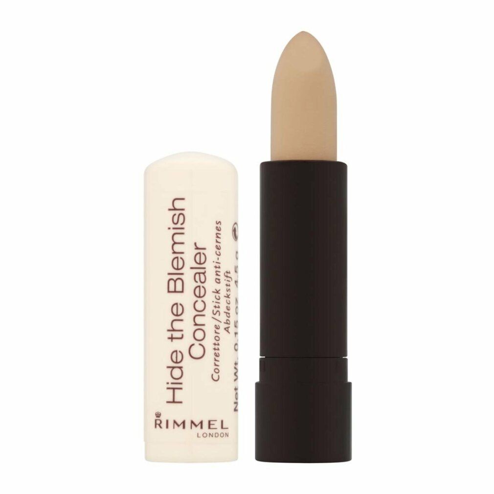 Concealer-Stift, geöffnet. Produktname und Marke sichtbar: Hide The Blemish, Rimmel London. Beige Farbe.