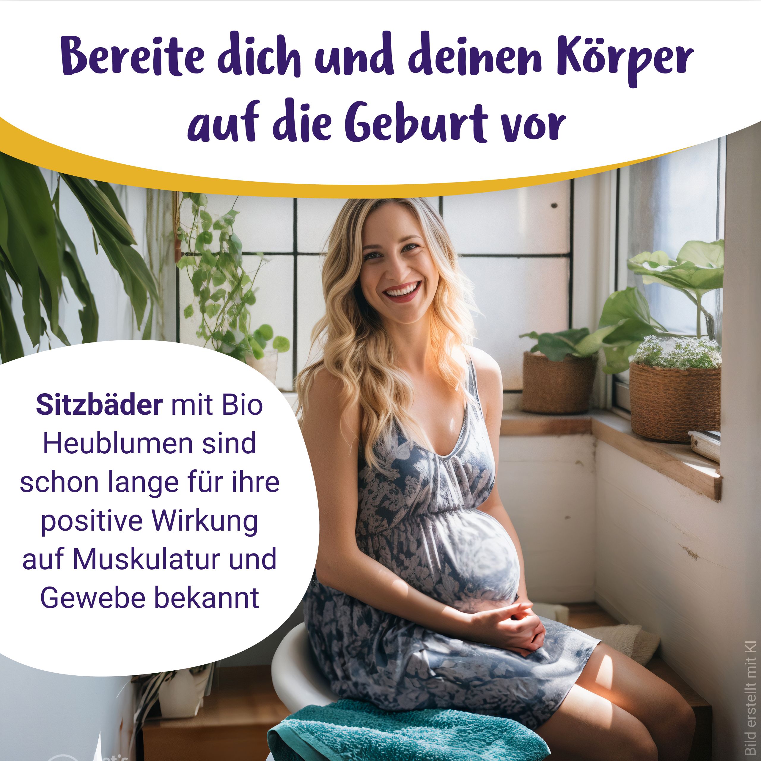 Schwangere Frau sitzt lächelnd auf einem Stuhl, bereit für die Geburt.