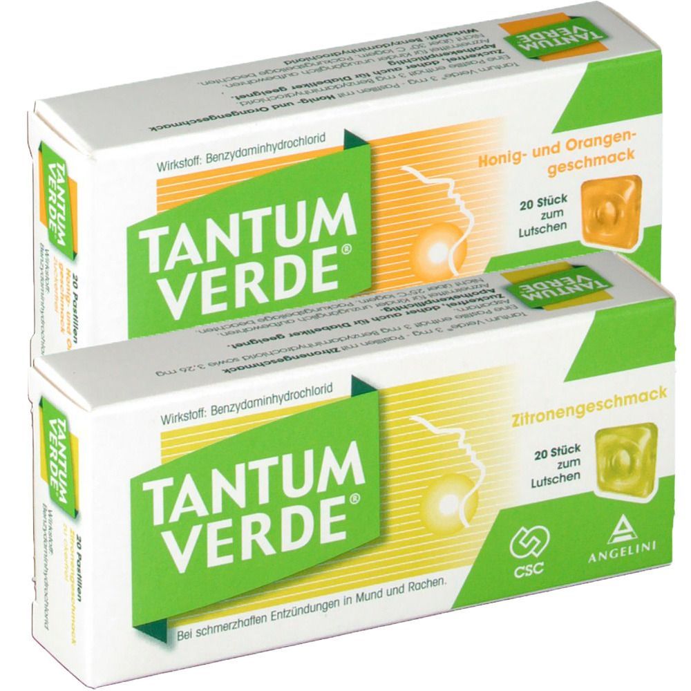 Zwei Schachteln TANTUM VERDE Pastillen. Eine mit Honig- und Orangengeschmack, die andere mit Zitronengeschmack. Beide enthalten 20 Lutschtabletten.