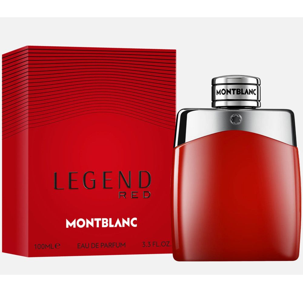 Roter Flakon mit silberner Kappe und roter Verpackung. Aufschrift: LEGEND RED, MONTBLANC. Eau de Parfum.