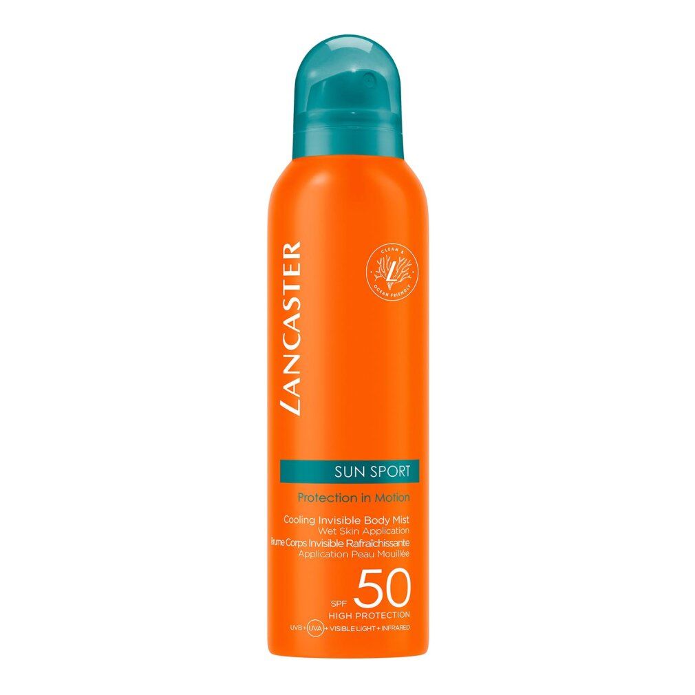 Orangefarbene Sprühflasche mit blauem Deckel. Text: LANCASTER, SUN SPORT, SPF 50. Kühlendes, unsichtbares Körperspray.