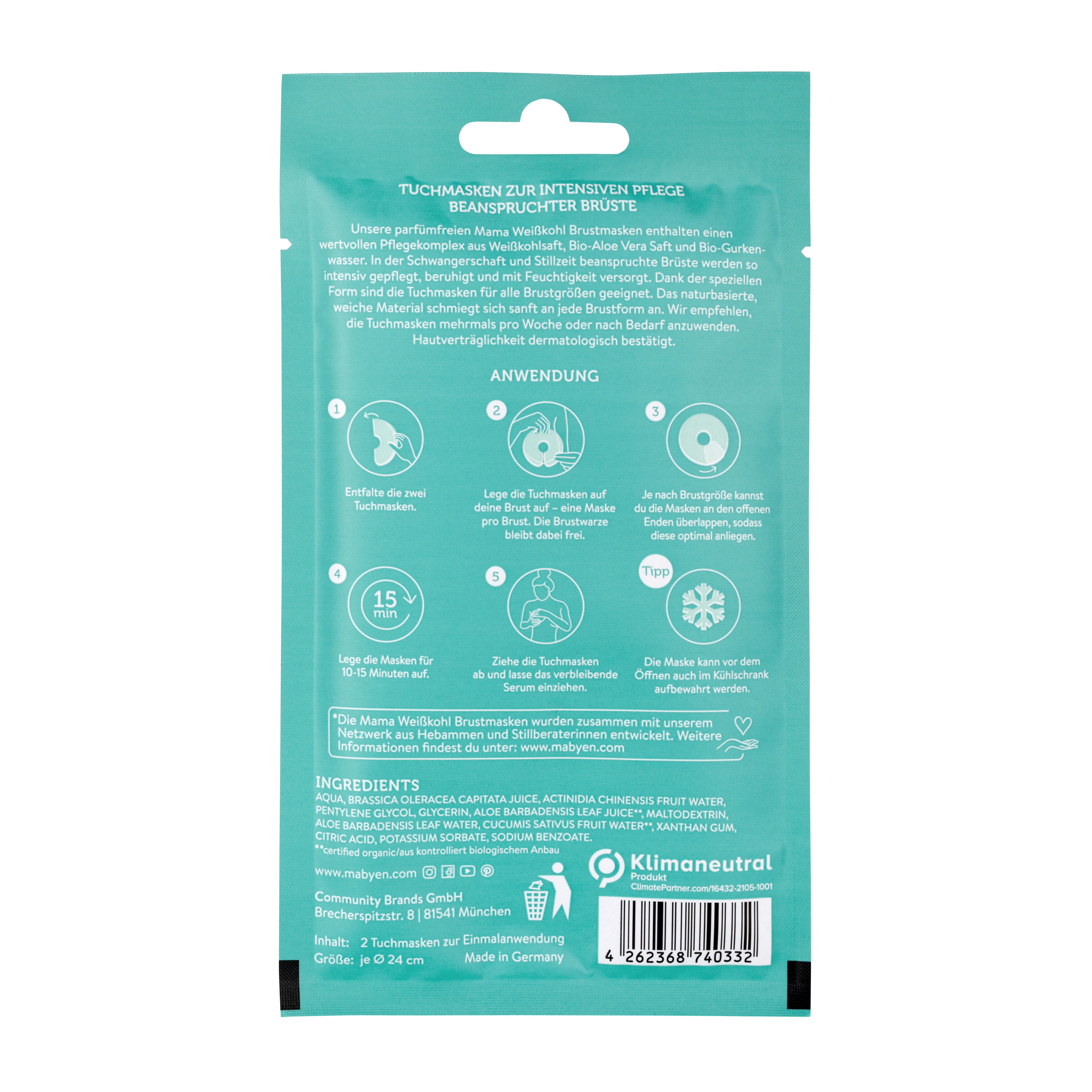 Rückseite einer MABYEN Weißkohl Brustmasken Packung. Türkis mit Produktinformationen, Inhaltsstoffen und Anwendungsanleitung.