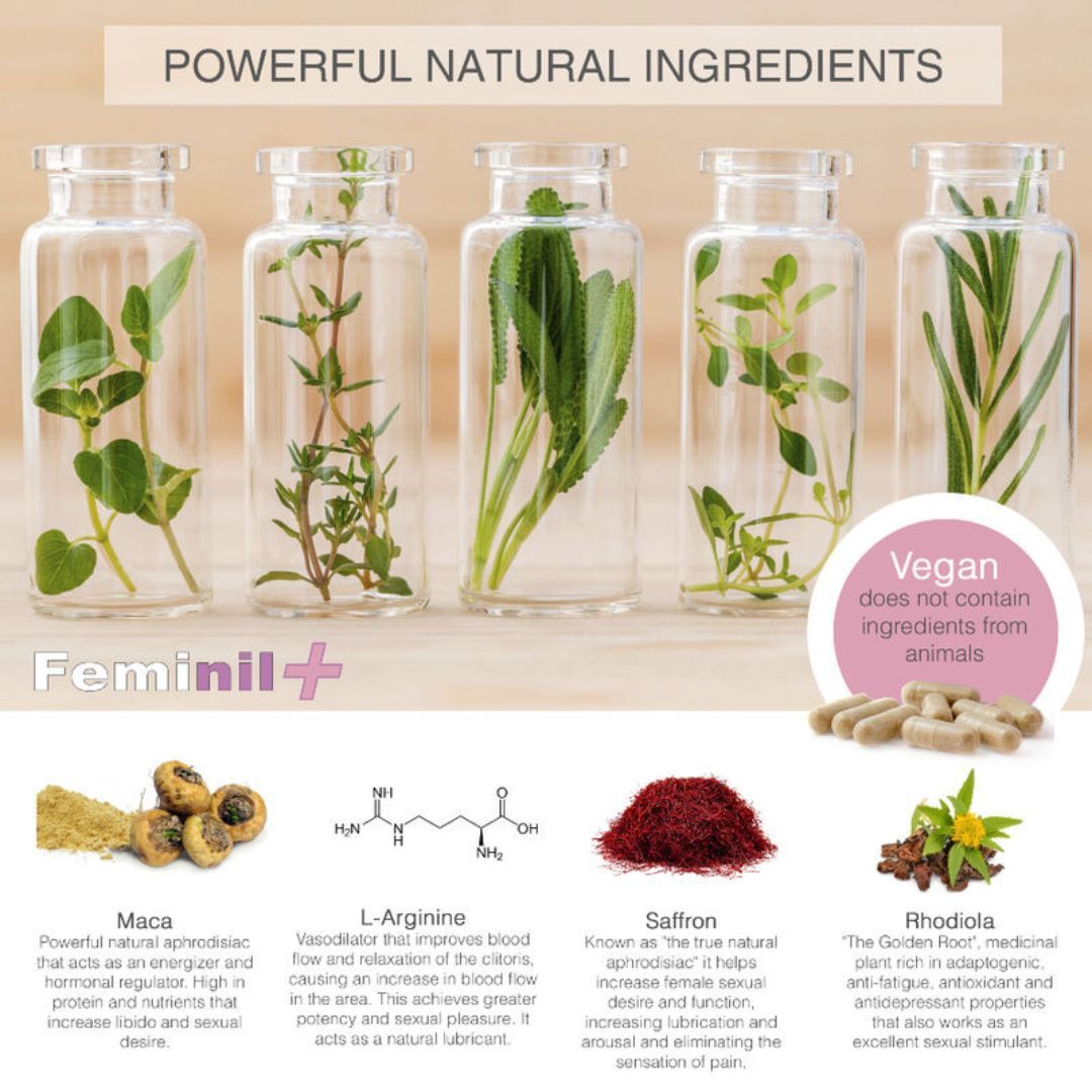 Fünf Glasbehälter mit Kräutern, daneben Inhaltsstoffe und Kapseln. Text: "Vegan".