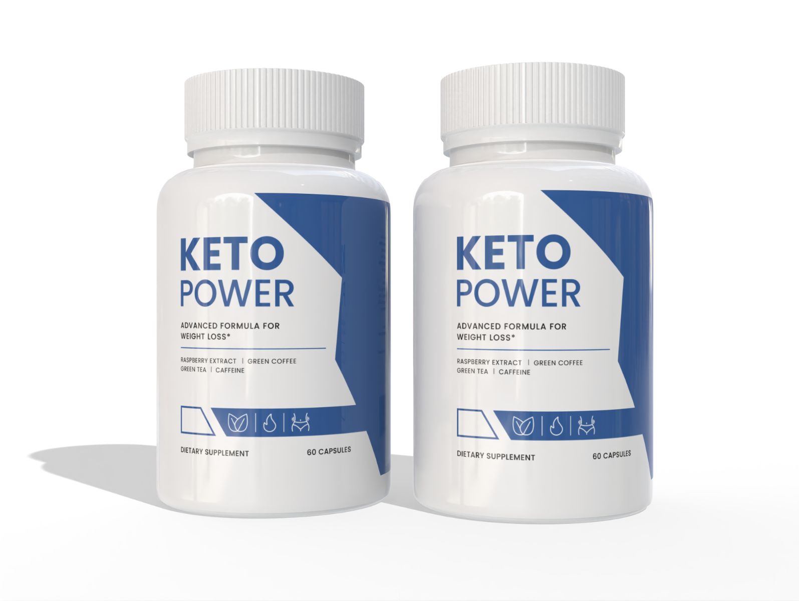 Zwei weiße Kapselbehälter für Keto Power, 60 Kapseln pro Behälter.