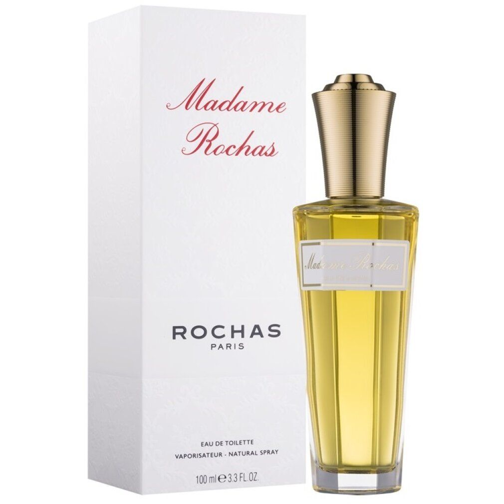 Parfümflasche und Verpackung. Flasche mit goldfarbenem Verschluss, Etikett. Verpackung mit Schriftzug "Madame Rochas".